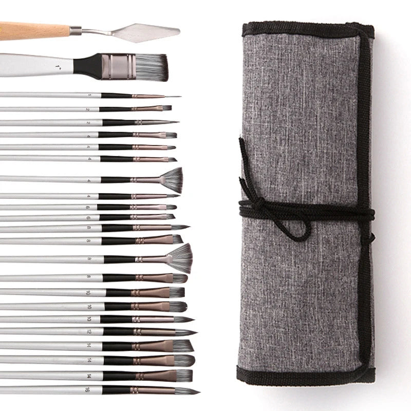 24-Piece Paint Brush Set for Watercolor Acrylic Gouache & Oil Painting - Nylon Hair, Aluminum Tubes
