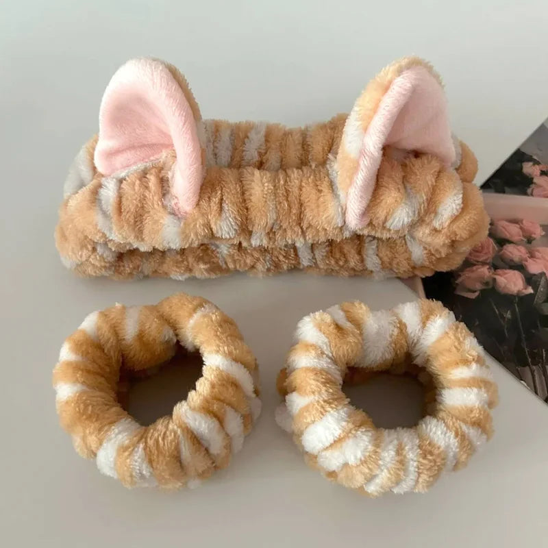 3PCS Cat Ear Leopard Print Plush Headbands for Women Girls Spa Face Makeup