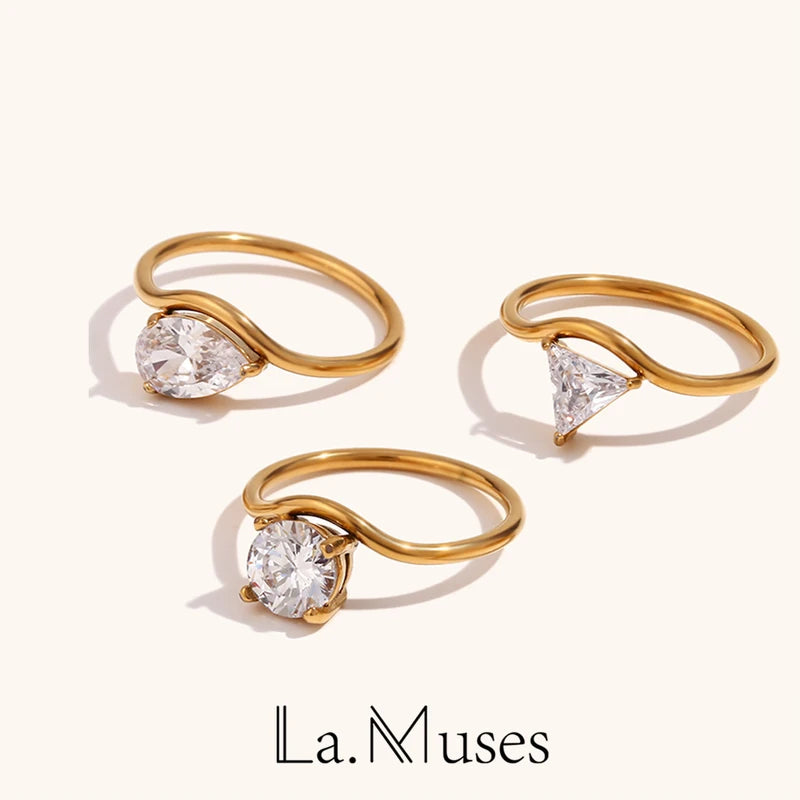 Luxury Water Drop Shaped Cubic Zirconia Women's Ring - 18K Gold Plated Stainless Steel Waterproof Jewelry Gift