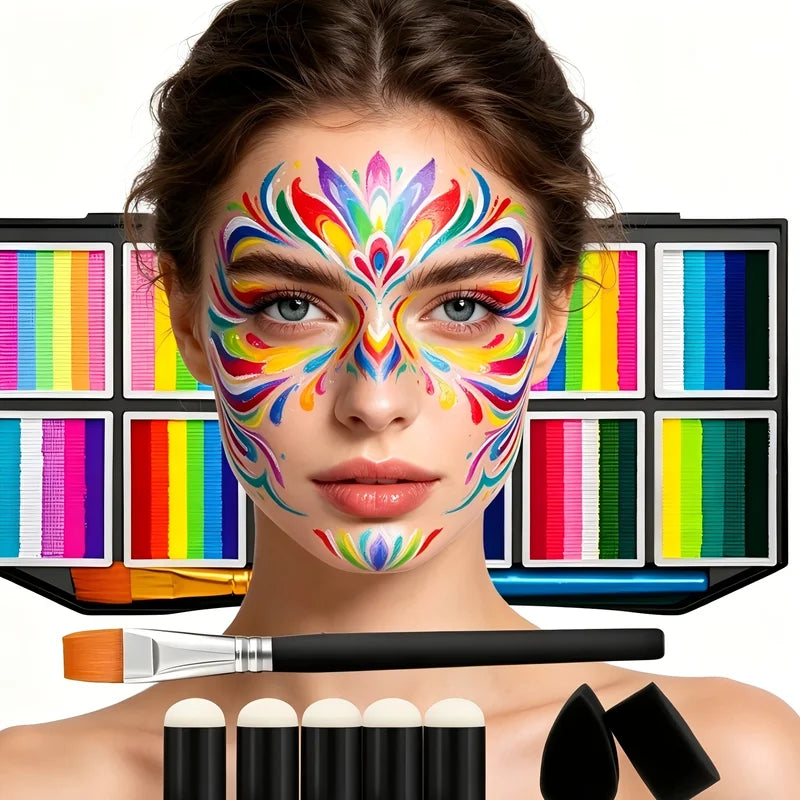 Face & Body Paint Palette with 65 Colors, 32 Stencils, Makeup Brushes & Sponges