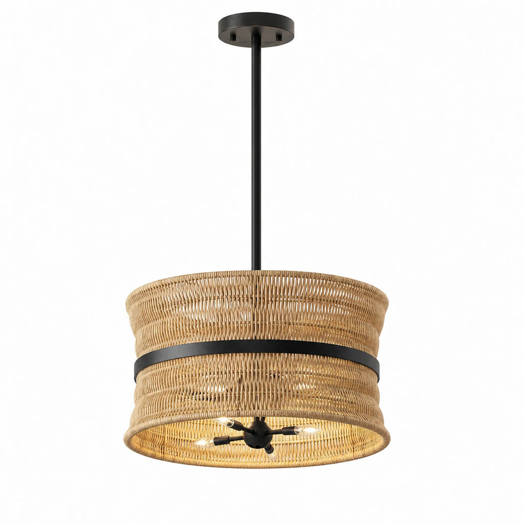 Wicker Boho Chandelier - 4-Light Rattan Pendant Light for Dining & Living