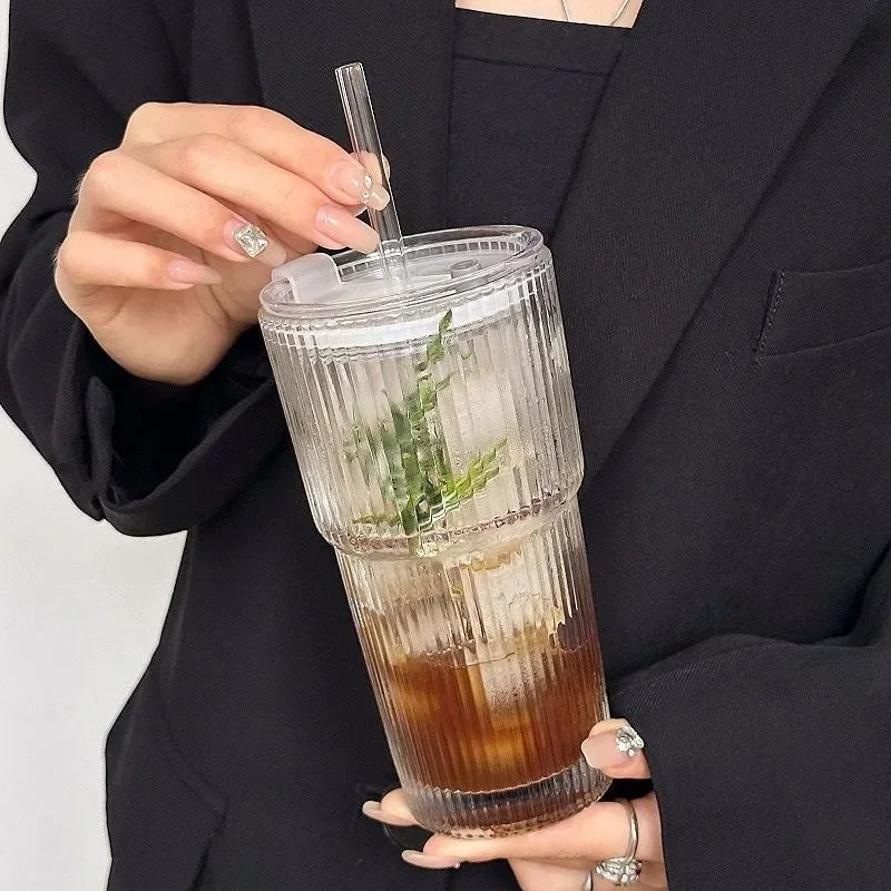 600ML Glass Coffee Cup with Lid and Straw - Transparent Drinkware