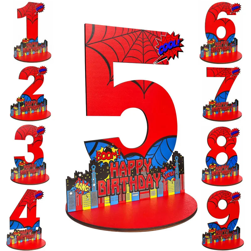 Spider Theme Birthday Number Sign Centerpiece Wooden Table Decor Photo Prop
