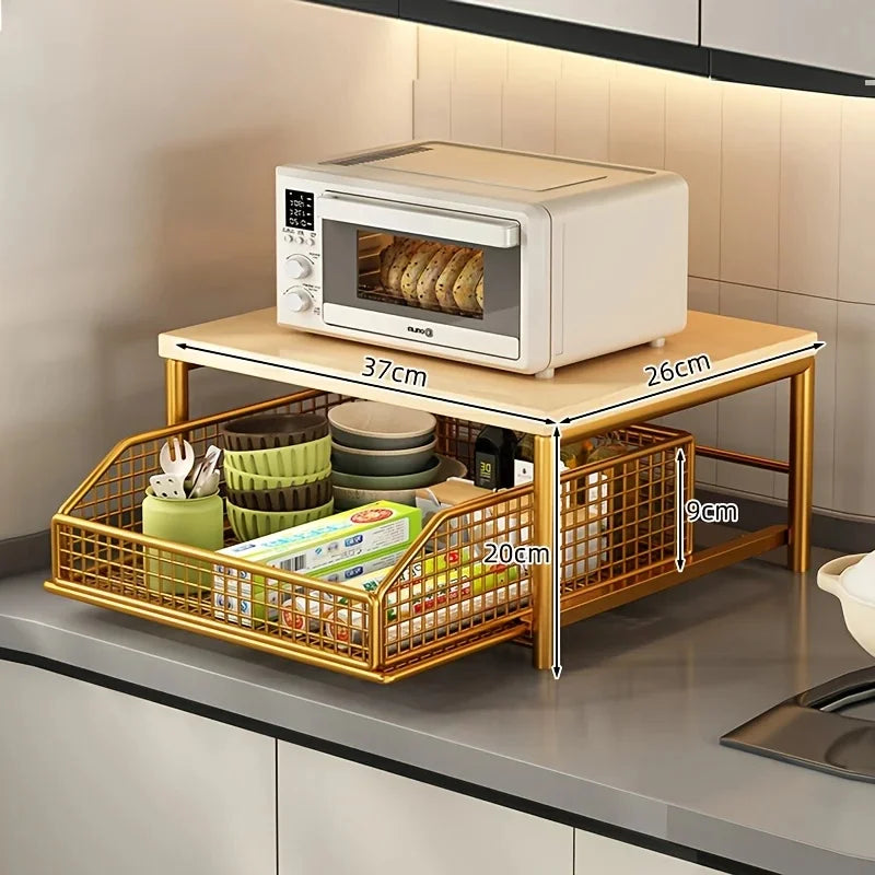 Modern Kitchen Microwave Rack Storage Organizer Solid Wood Metal Countertop Shelf