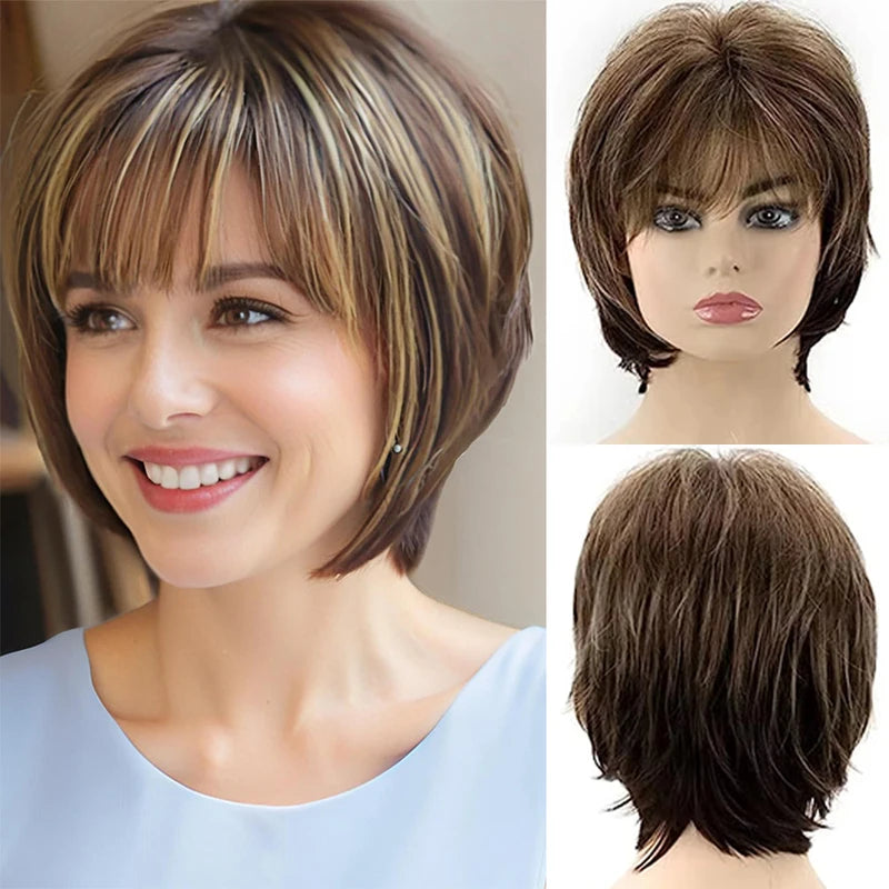 Brown Short Layered Pixie Wig for White Women Blonde Highlights Synthetic Hair