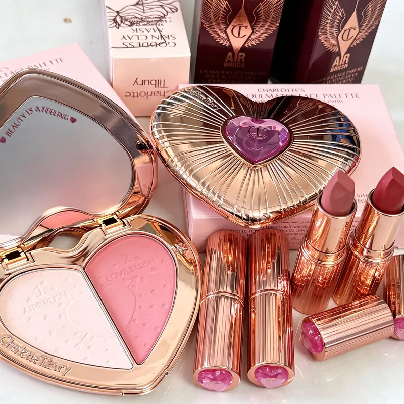 Dual-Use Lipstick and Blusher Set - Pink Diamond Gold Tube, Long-Lasting Color