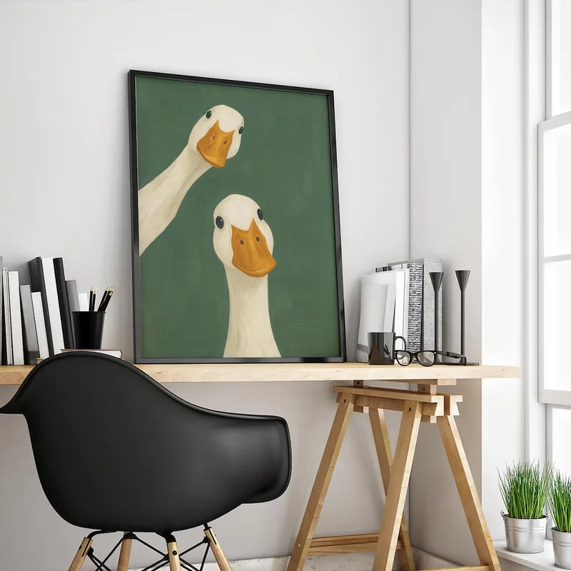 Serene Duck Wall Art - Green Fowl Friendship Canvas Print for Home Decor