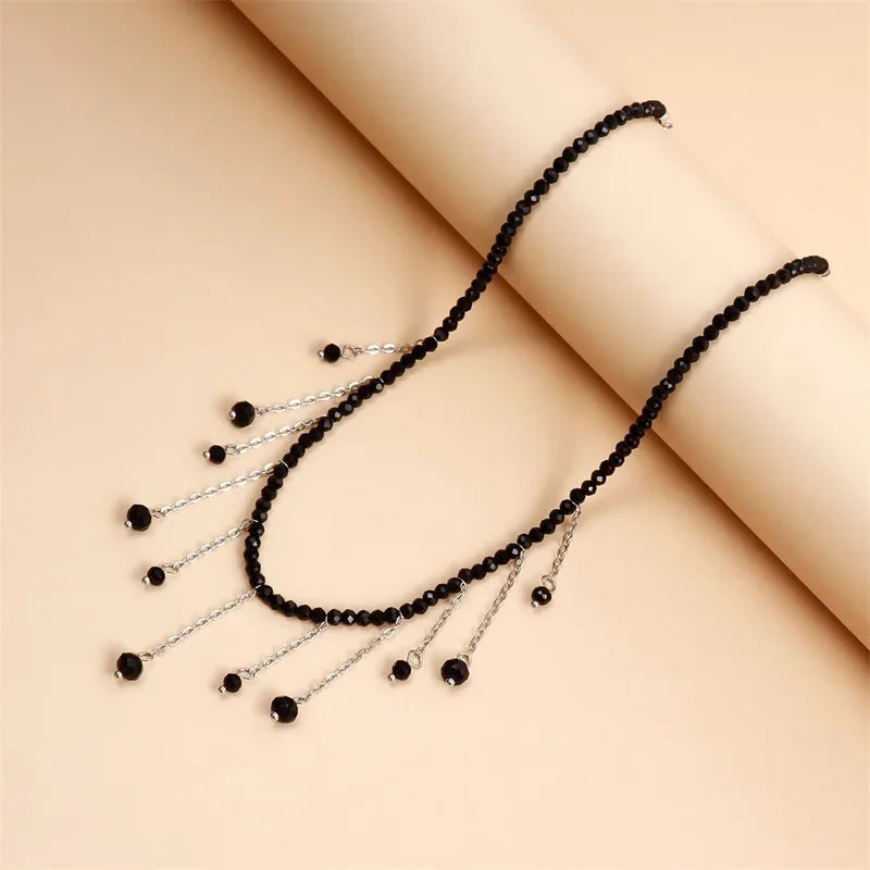 Vintage Black Bead Chain Necklace with Silver Plated Tassel Pendant for Women