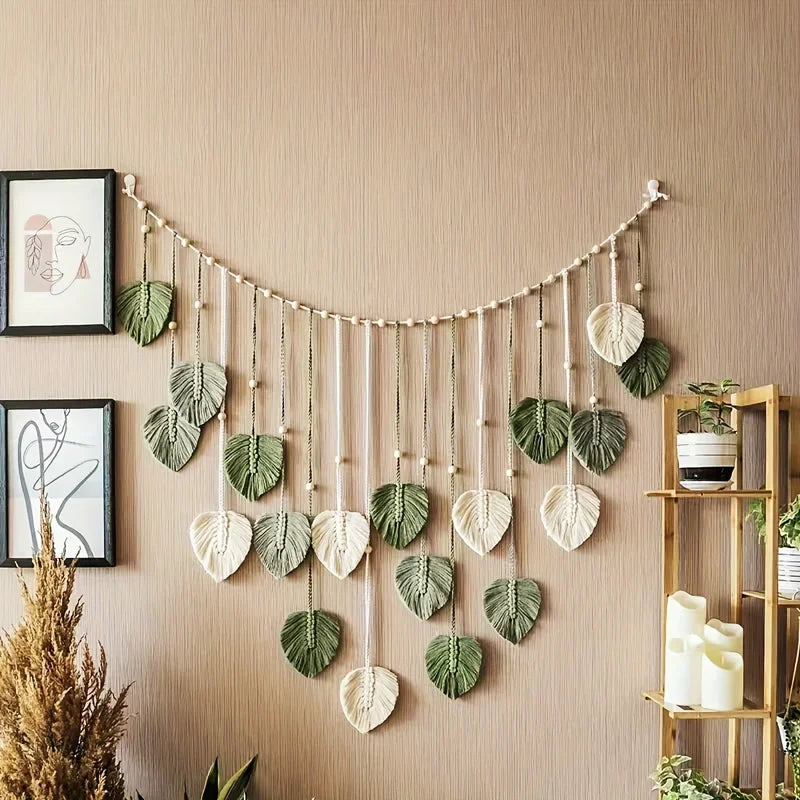 Woven Wall Decor with Green Leaves and Feathers - Bohemian Style Home Art