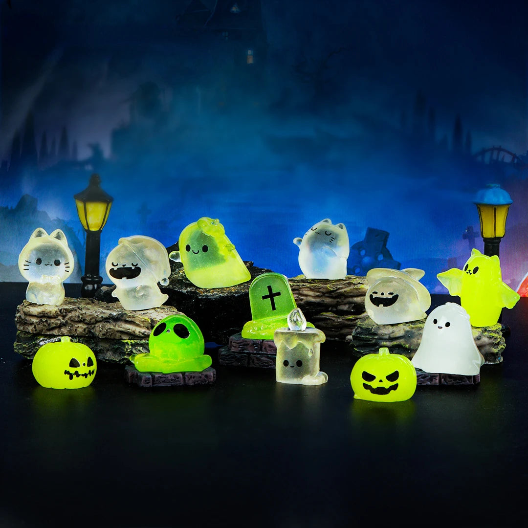 12pcs Mini Luminous Halloween Figurines - Cat Ghost Pumpkin Bat Skull Glow in Dark Micro Landscape Decorations