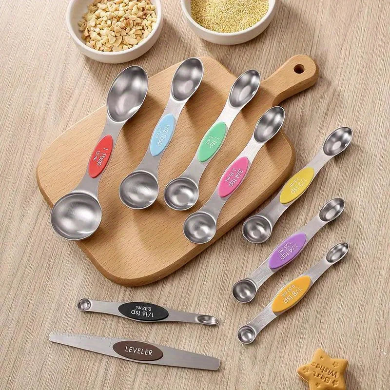 Stainless Steel Double-Headed Measuring Spoon Set with Magnetic Suction - 9 Pieces
