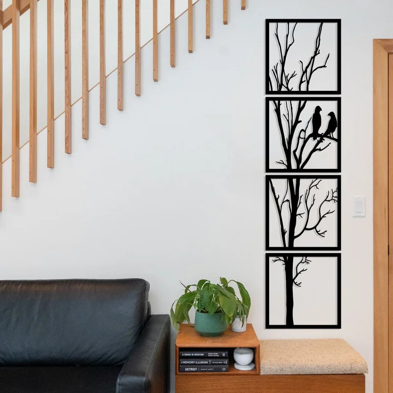 Metal Tree Wall Art Decor Set of 4 - Bird and Tree Wall Hangings for Living Room