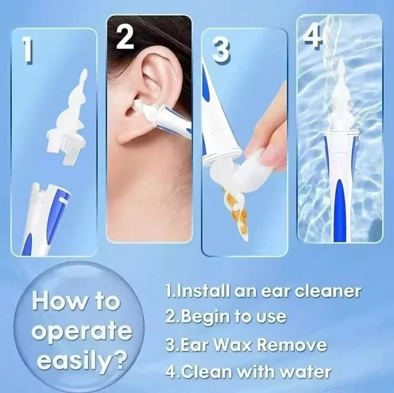 Blue Silicone Spiral Ear Wax Remover Tool with Reusable Tips - Washable & Safe