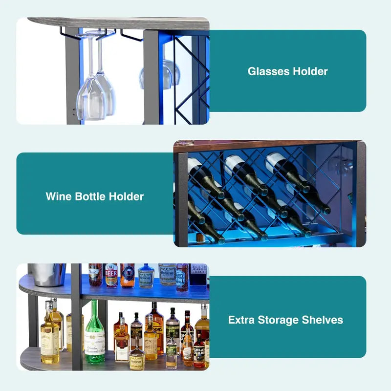 LED Home Bar Cabinet with Storage, Glass Holder & Wine Bottle Racks