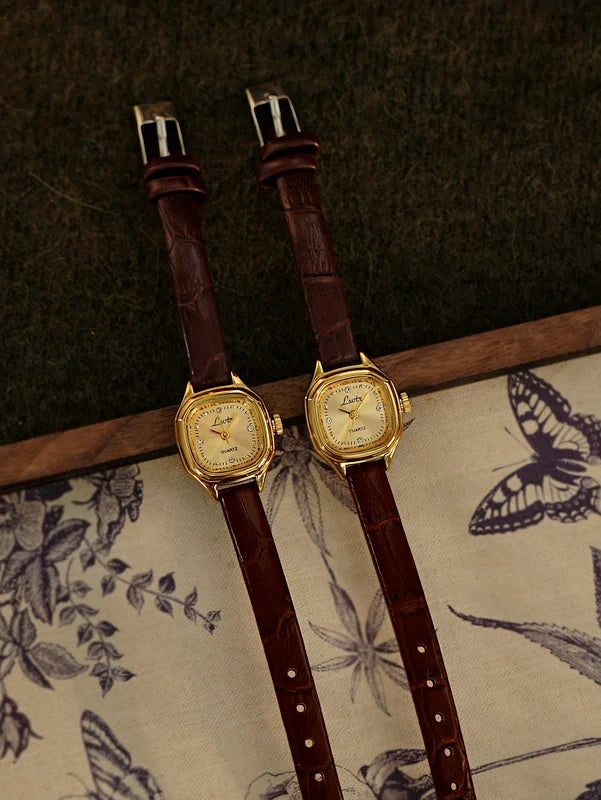 Mini Gold Square Dial Women's Wristwatch - Vintage-Style, Water-Resistant with Leather Band