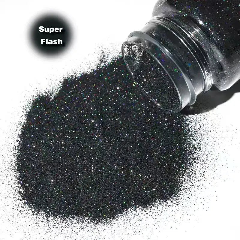 Holographic Black Glitter Powder for Nail Art, Rainbow Bright, Portable