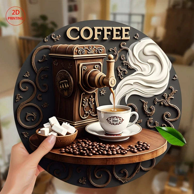 Wooden Hanging Sign - Coffee Maker Theme Wall Decor 8 Inch Round Sign