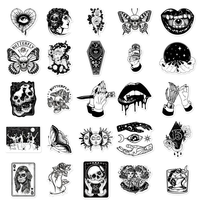 50PCS Gothic Stickers for Teens and Boys - Cool Satanic Skull Skeleton Decals for Laptop Book Luggage