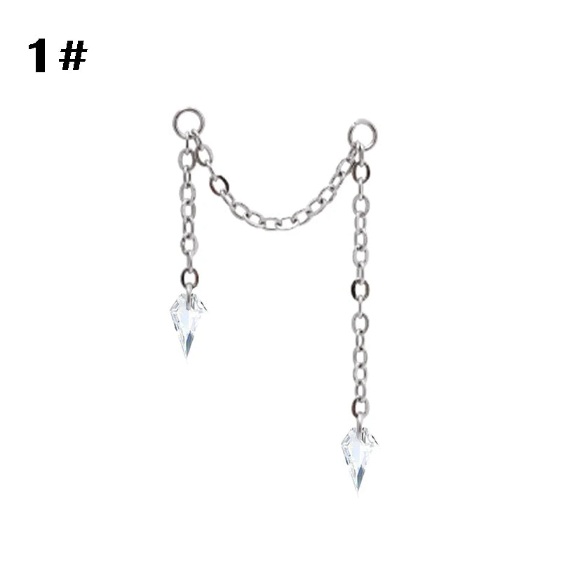 Stainless Steel Chain Ear Stud with Zircon Stars & Hearts - Cartilage Piercing Jewelry
