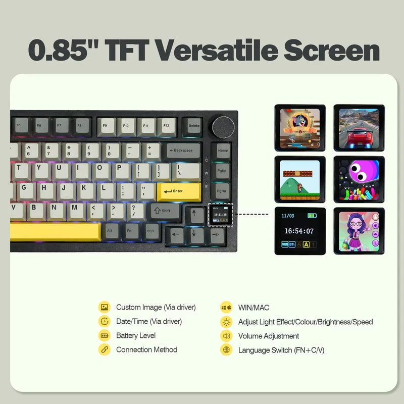 Wireless Mechanical Keyboard 75% Compact Gasket-Mounted TFT Screen Bluetooth 5.1