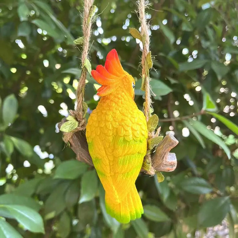 Cute Parrot Wood Swing Animal Statue for Garden and Patio Decor