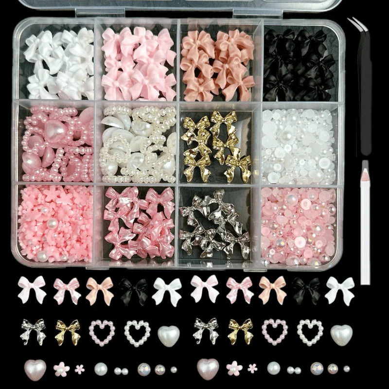 Nail Art Decorations Kit with Resin Bow Charms & Pearls - DIY Manicure Supplies