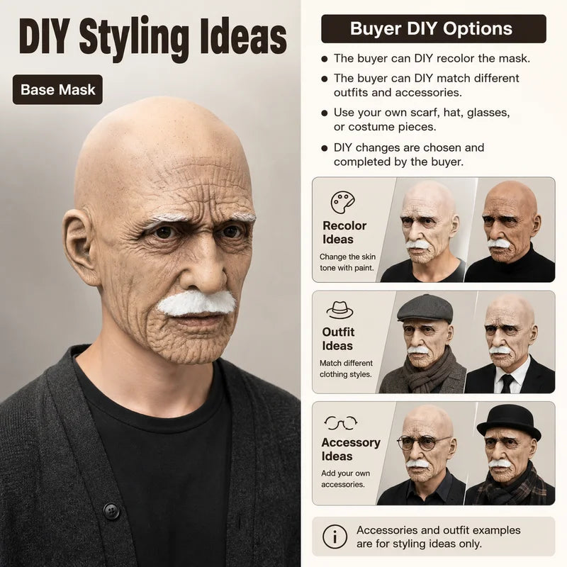 Realistic Elderly Man Latex Mask with Beard for Halloween Cosplay Costume