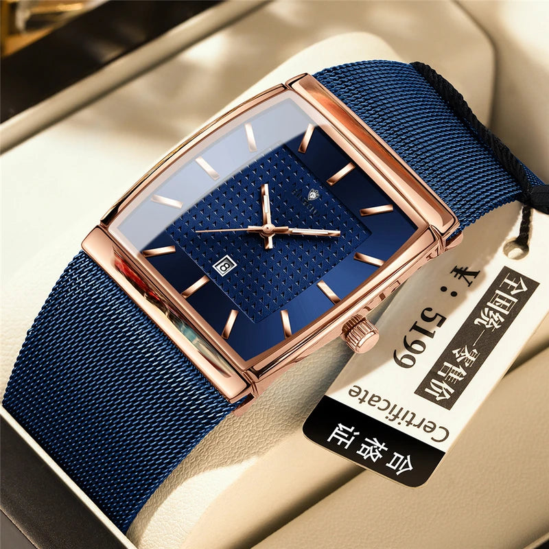Luxury Square Quartz Wristwatch for Men - Rose Gold Automatic Blue Dial