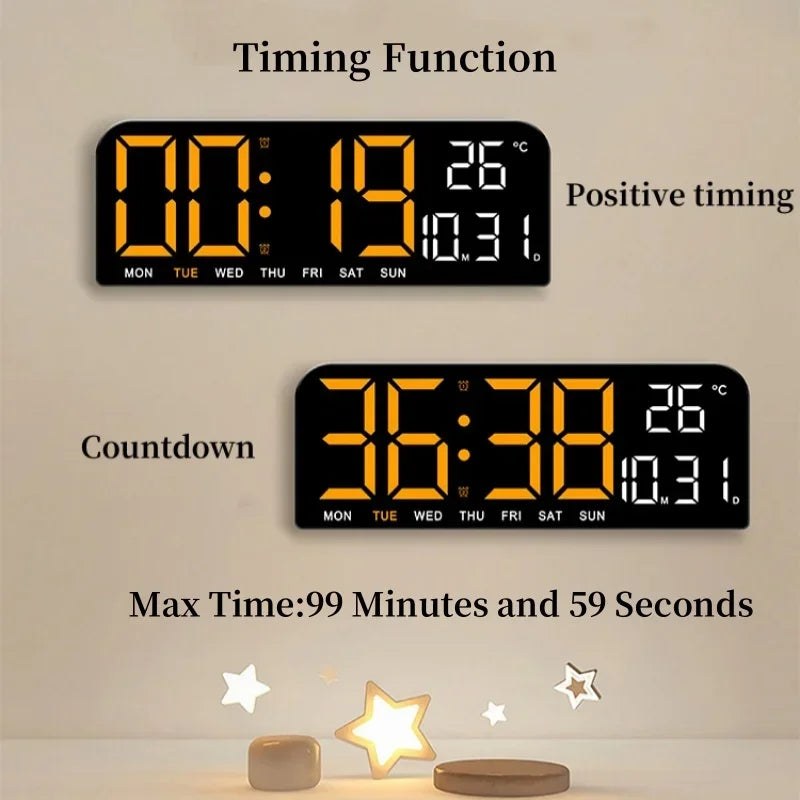 Digital Wall Clock with Temperature Date Week Countdown Alarm 12/24H Auto Dimmable USB Powered