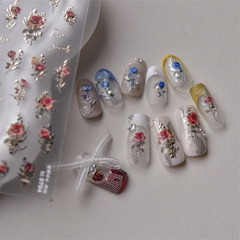 Japanese Vintage Rose Nail Stickers - Gold & Silver Laser Decals for Manicure