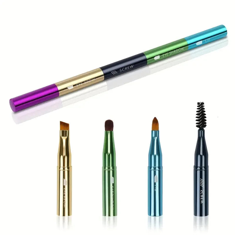 Detachable 4-in-1 Makeup Brush Set with Soft Bristles & Sponge Applicator - Portable
