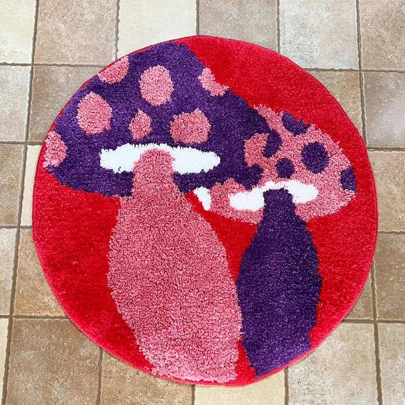Red Psychedelic Mushroom Tufted Rug Anti-Slip Trippy Bedroom Handmade Carpet