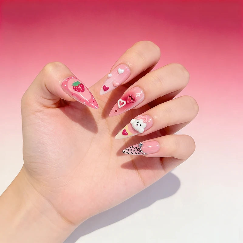 3D Pink Sweet Bow Heart Fake Nails Long Almond False Nails with Rhinestones