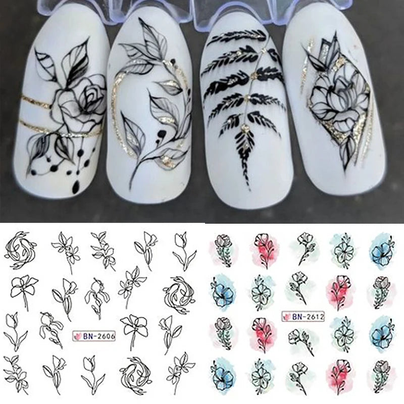 12-Piece Water Decal Nail Art Sticker Set with Flowers and Leaves