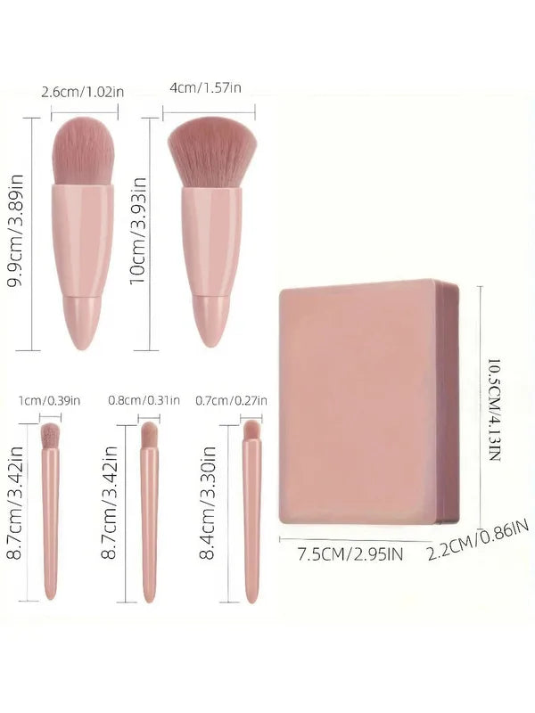 Pink Makeup Brush Set with Mirror Compact - 5 Soft Bristles for Face & Eye Makeup