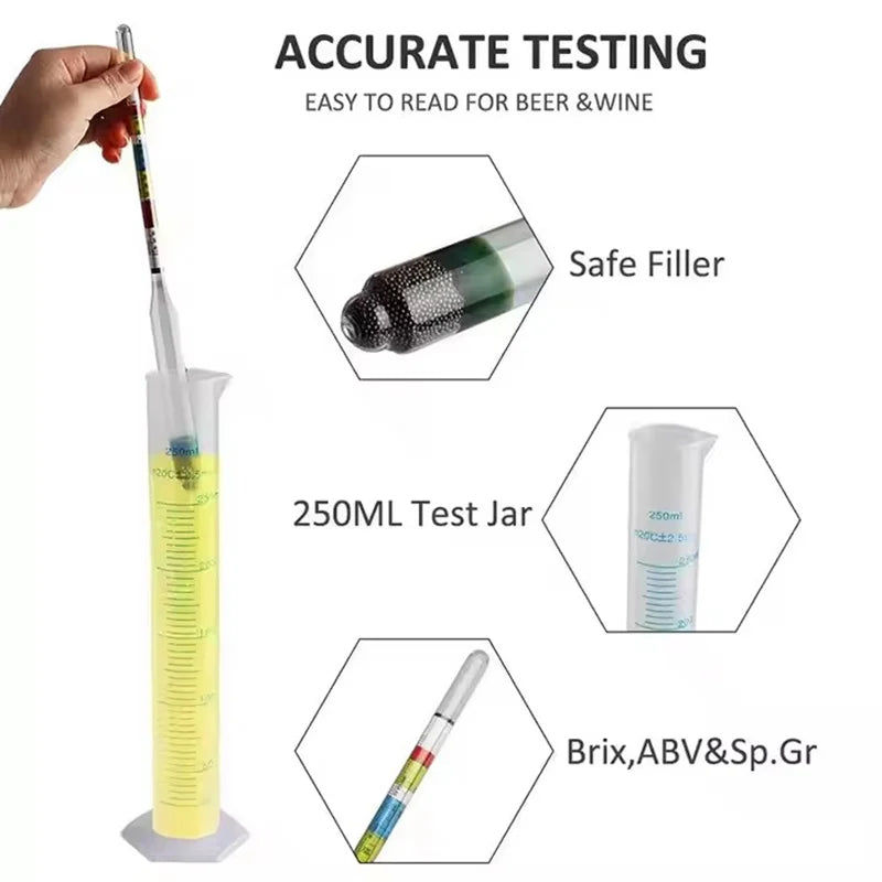 Hydrometer Tester & 250ml Measuring Bottle for Wine Beer Mead Kombucha Specific Gravity ABV