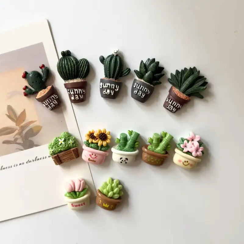 Mini Potted Cactus Resin Fridge Magnet Home Decor Set - All Colors Included