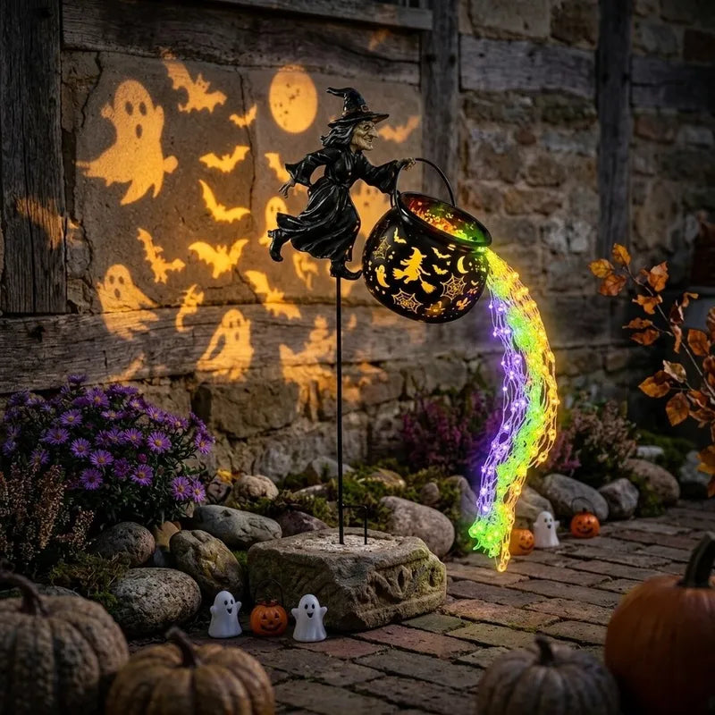 Halloween Outdoor Witch Cauldron Light with Projection Stake - Garden & Lawn Decor
