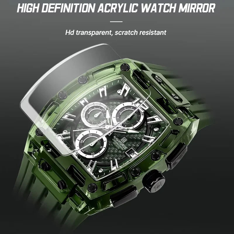 Men's Quartz Sports Watch with Silicone Strap Military Marine Chronograph - Black