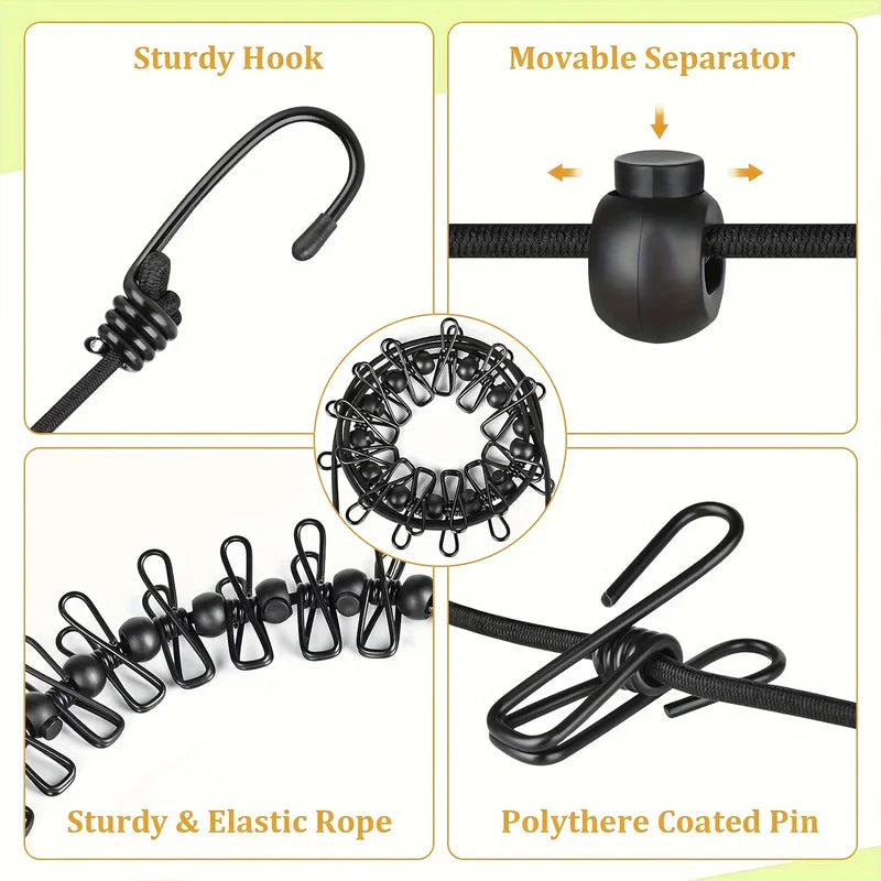 Portable Travel Clothesline with 12 Clips - Retractable Non-Slip Drying Rope for Indoor & Outdoor Use