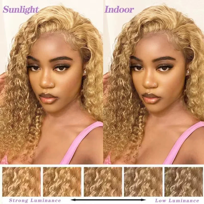 Deep Wave Lace Front Wig Honey Blonde HD 13x6 Transparent Frontal Human Hair 26-32in