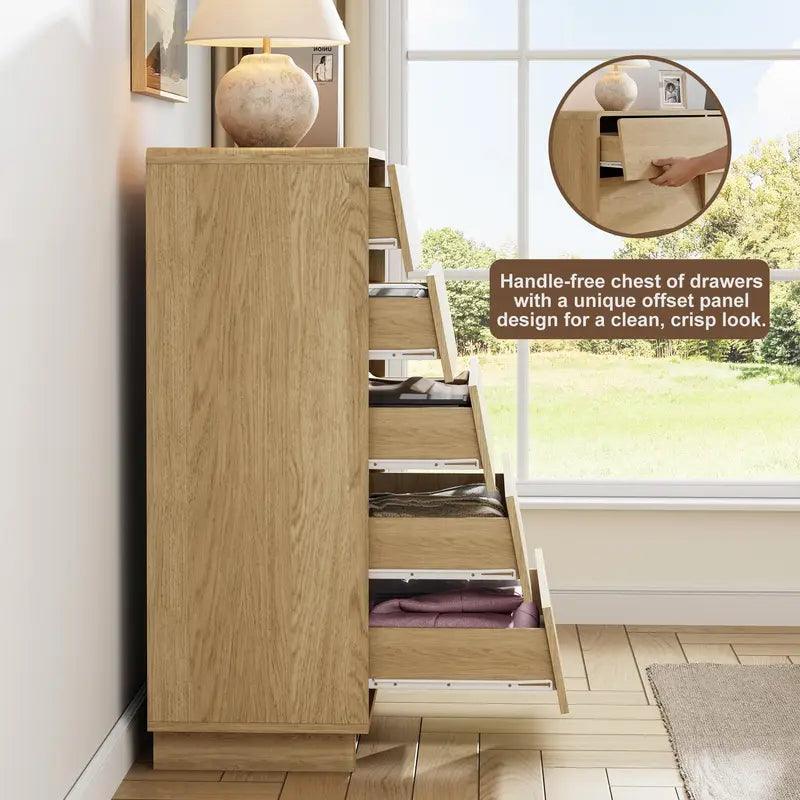 Modern 5-Drawer Wood Dresser with Handle-Free Curved Edges - Bedroom & Living Room Storage