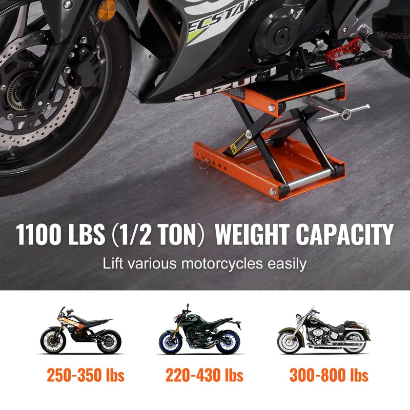 Motorcycle Lift Jack with Wide Deck & Safety Pin, 1100 lbs Capacity