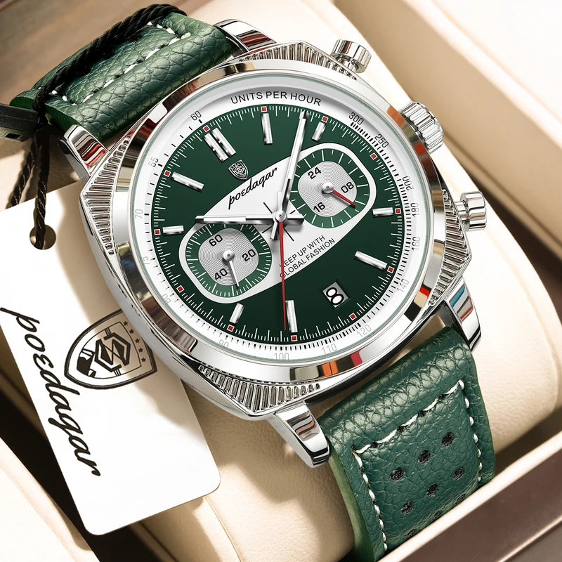Men's Waterproof Luminous Chronograph Quartz Watch with Leather Strap