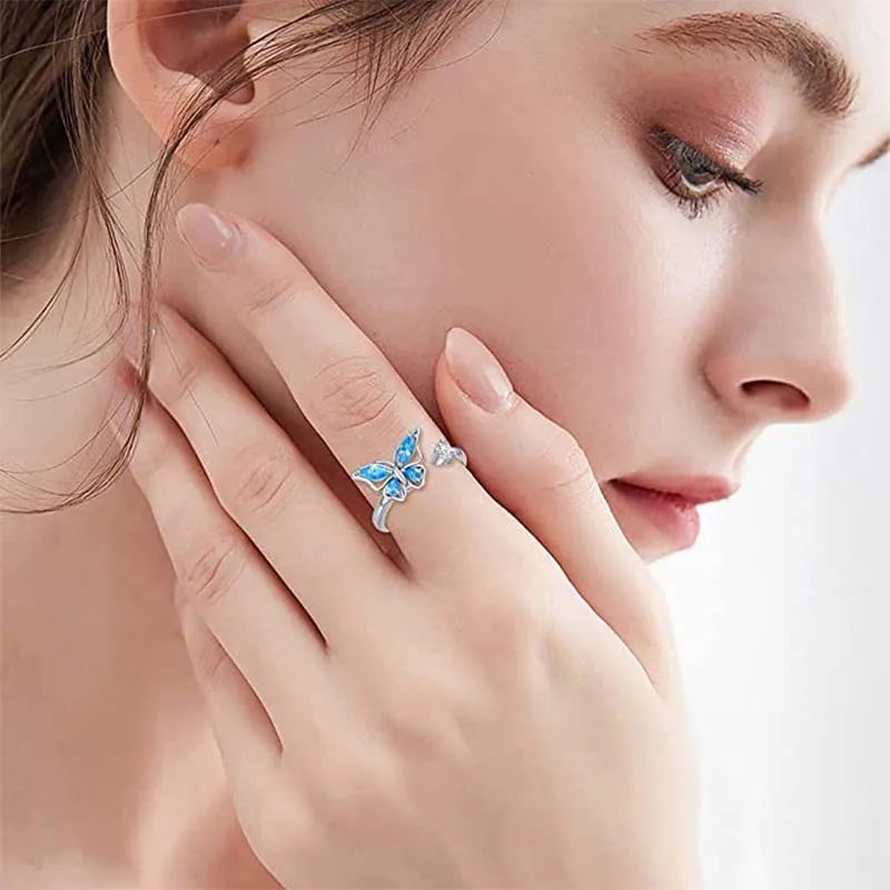 Adjustable Fidget Spinner Ring for Anxiety Relief Women Jewelry Crystal Flower Butterfly Animal Design
