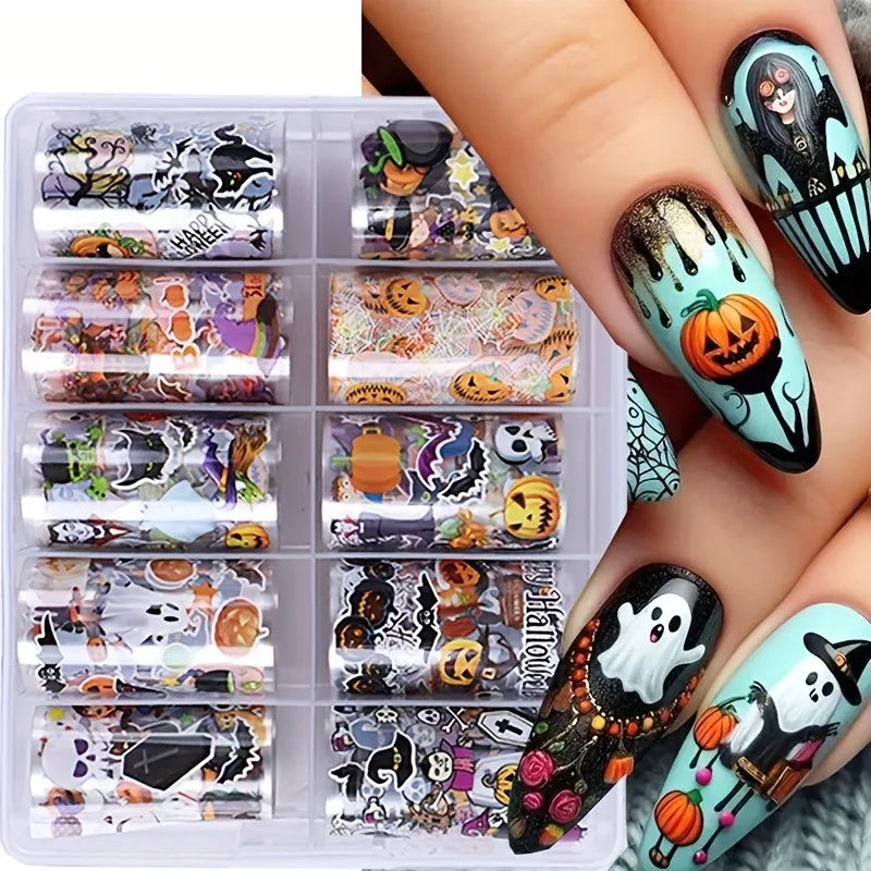 Halloween Nail Transfer Foils Set - Black Cat Bat Pumpkins Witches Starry Sky 10 Rolls