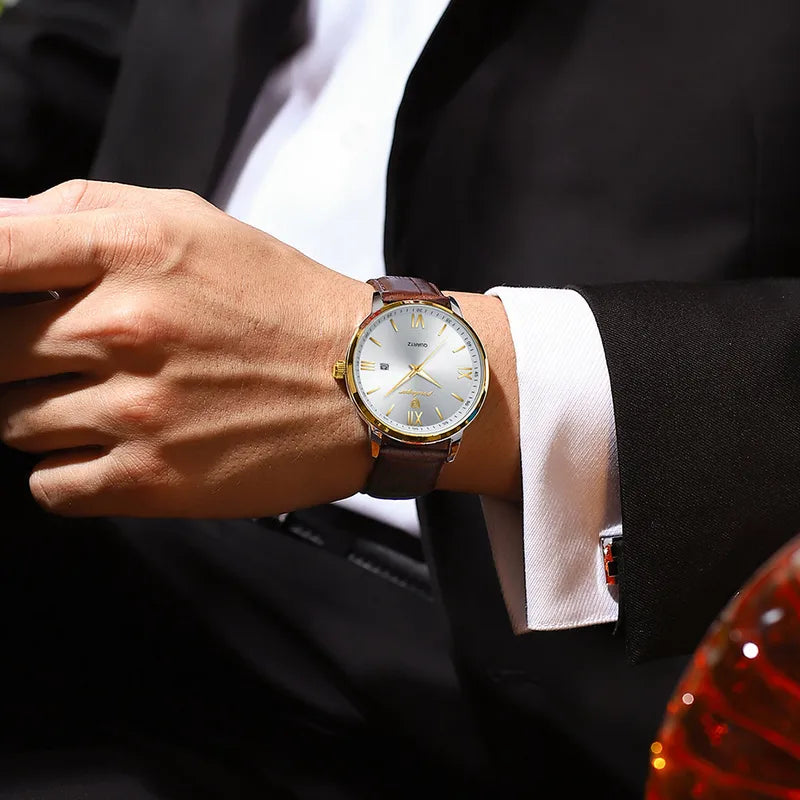 Luxury Business Wristwatch for Men Waterproof Leather Quartz Watch with Luminous Dial