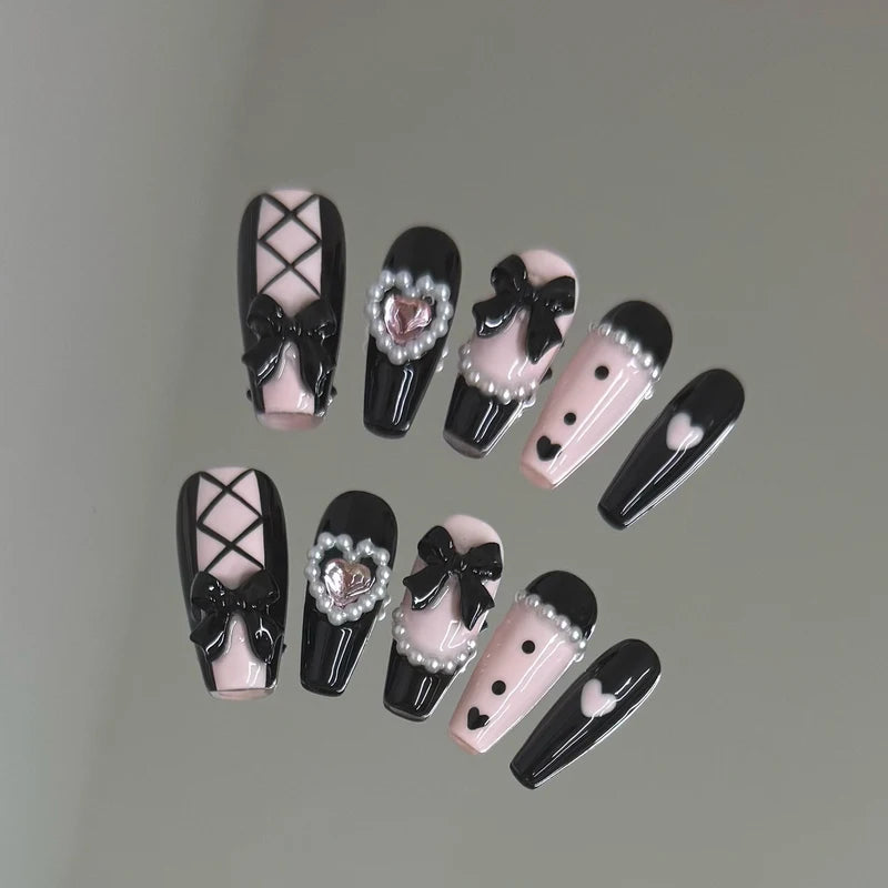 3D Fake Nail Set with Ribbon Bow Design - 10 pcs Colorful Press-On Acrylic Nails