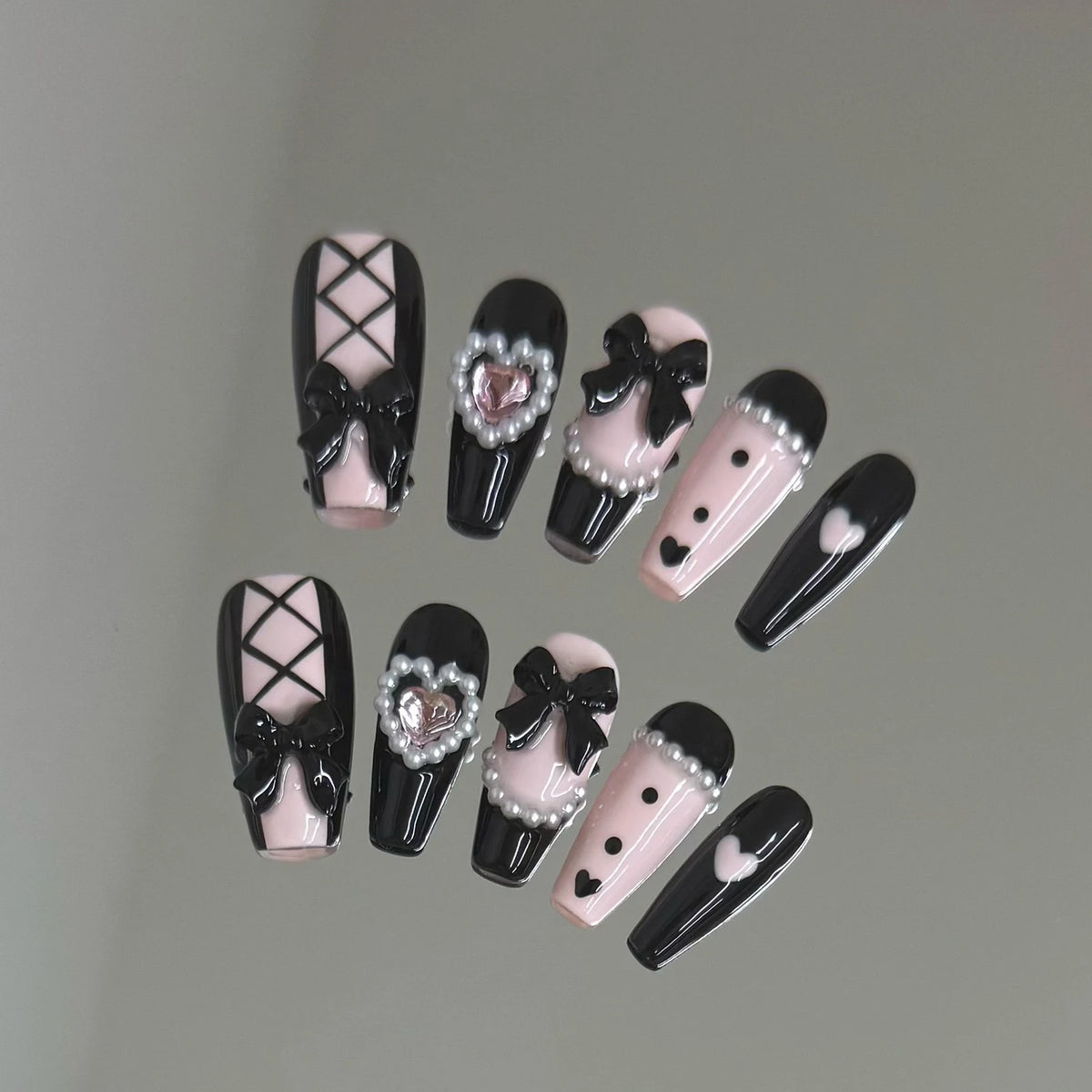 3D Fake Nail Set with Ribbon Bow Design - 10 pcs Colorful Press-On Acrylic Nails