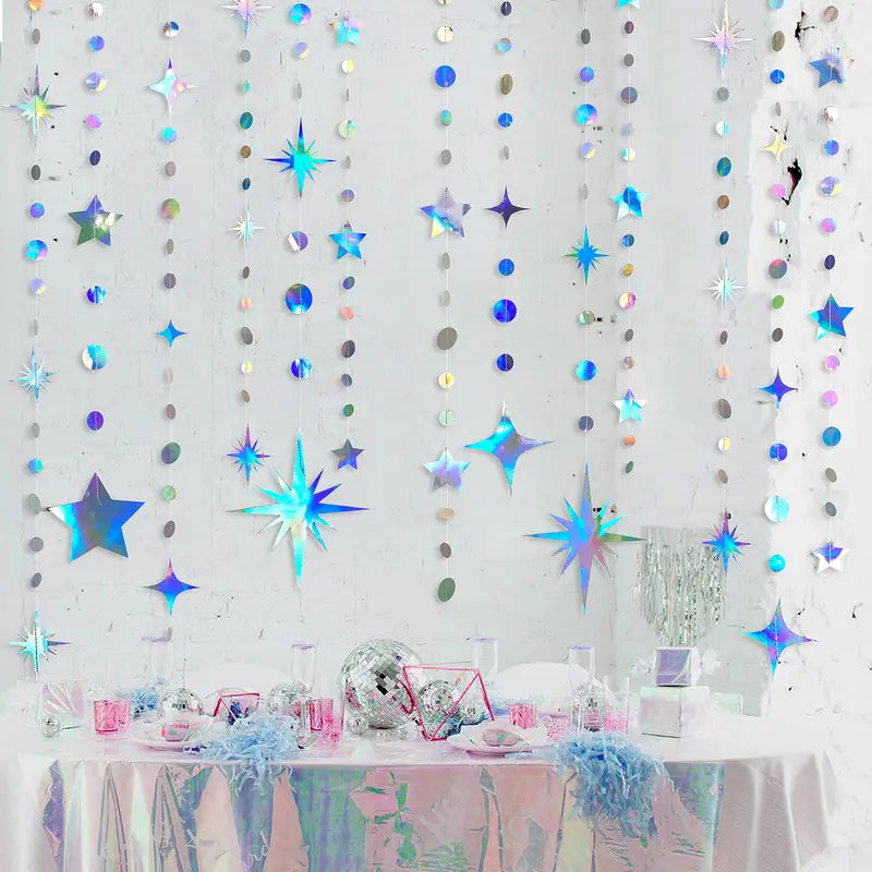 Colorful Iridescent Star Moon Circle Dot Hanging Garland Party Decor Ramadan Eid Wedding Baby Shower Birthday